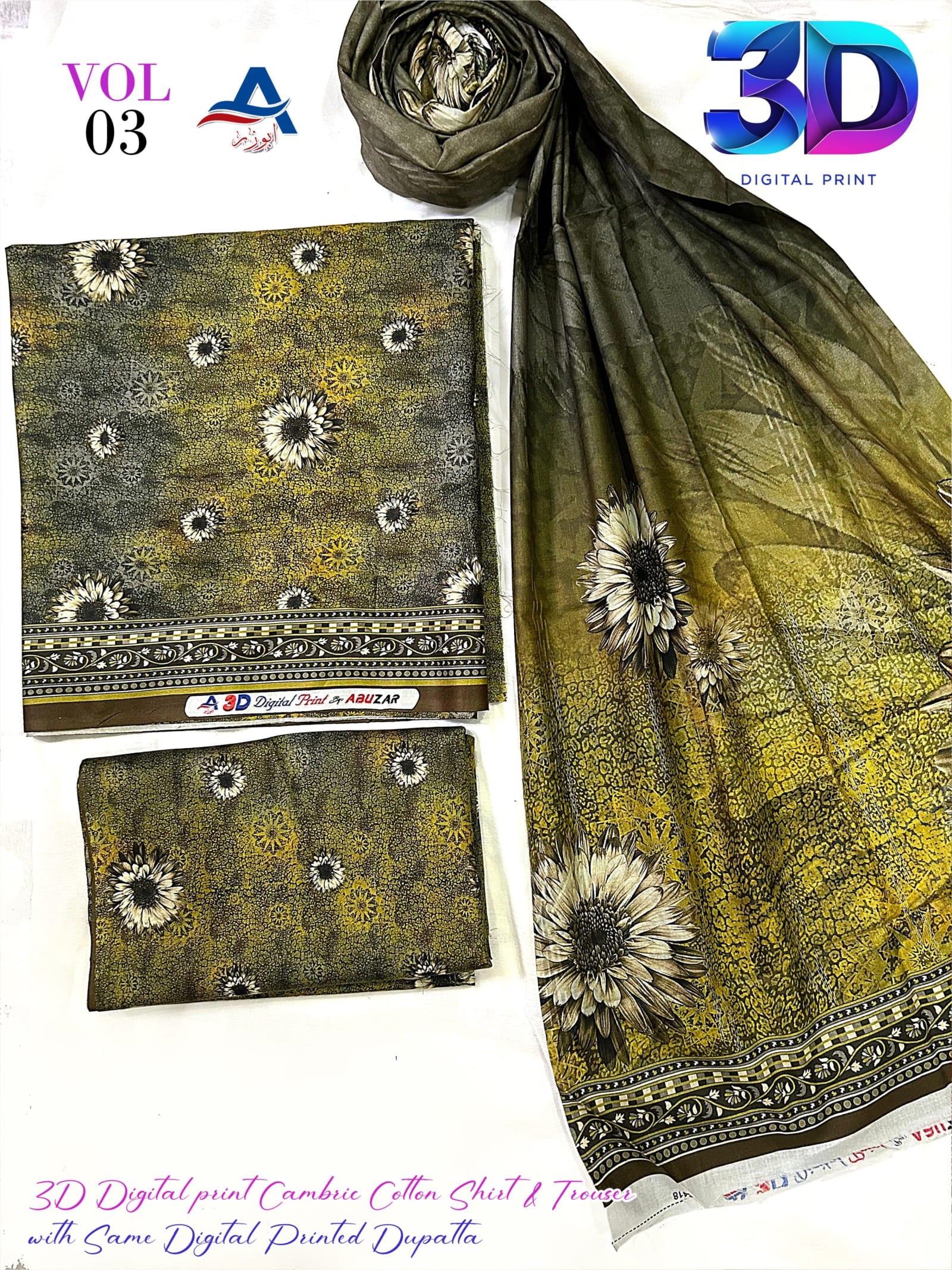 ABUZAR 3D Digital Cotton Suit – Vol. 3 (Unstitched 3 Piece)