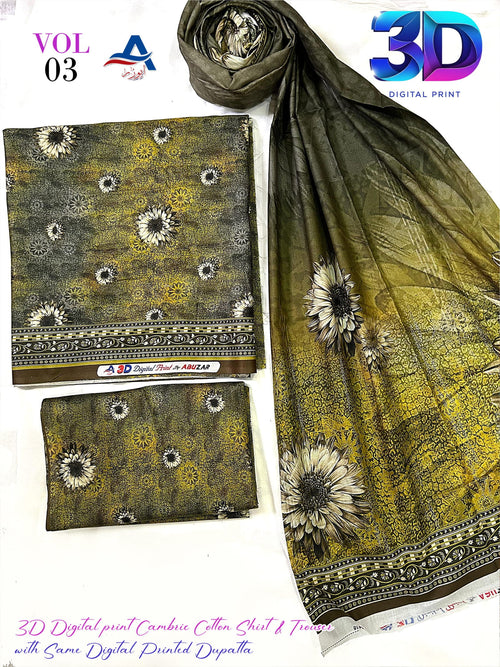 ABUZAR 3D Digital Cotton Suit – Vol. 3 (Unstitched 3 Piece)