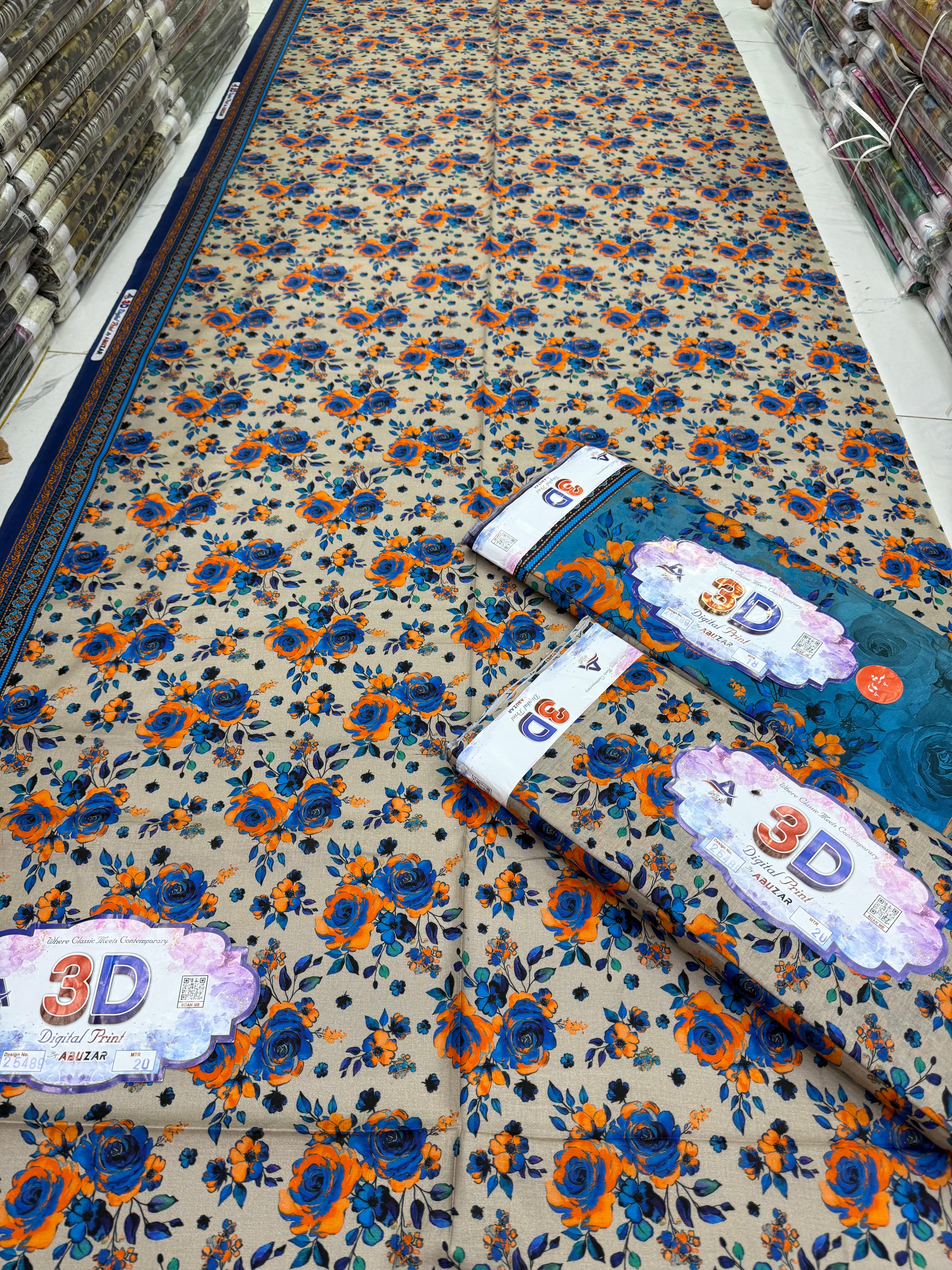 ABUZAR – 3D Digital Cotton Print 3 Piece Unstitched Suit (7.25 Meters)