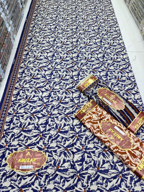 ABUZAR Exclusive Cambric 3 Piece Unstitched Suit with Voil Dupatta (7.5 Meters)