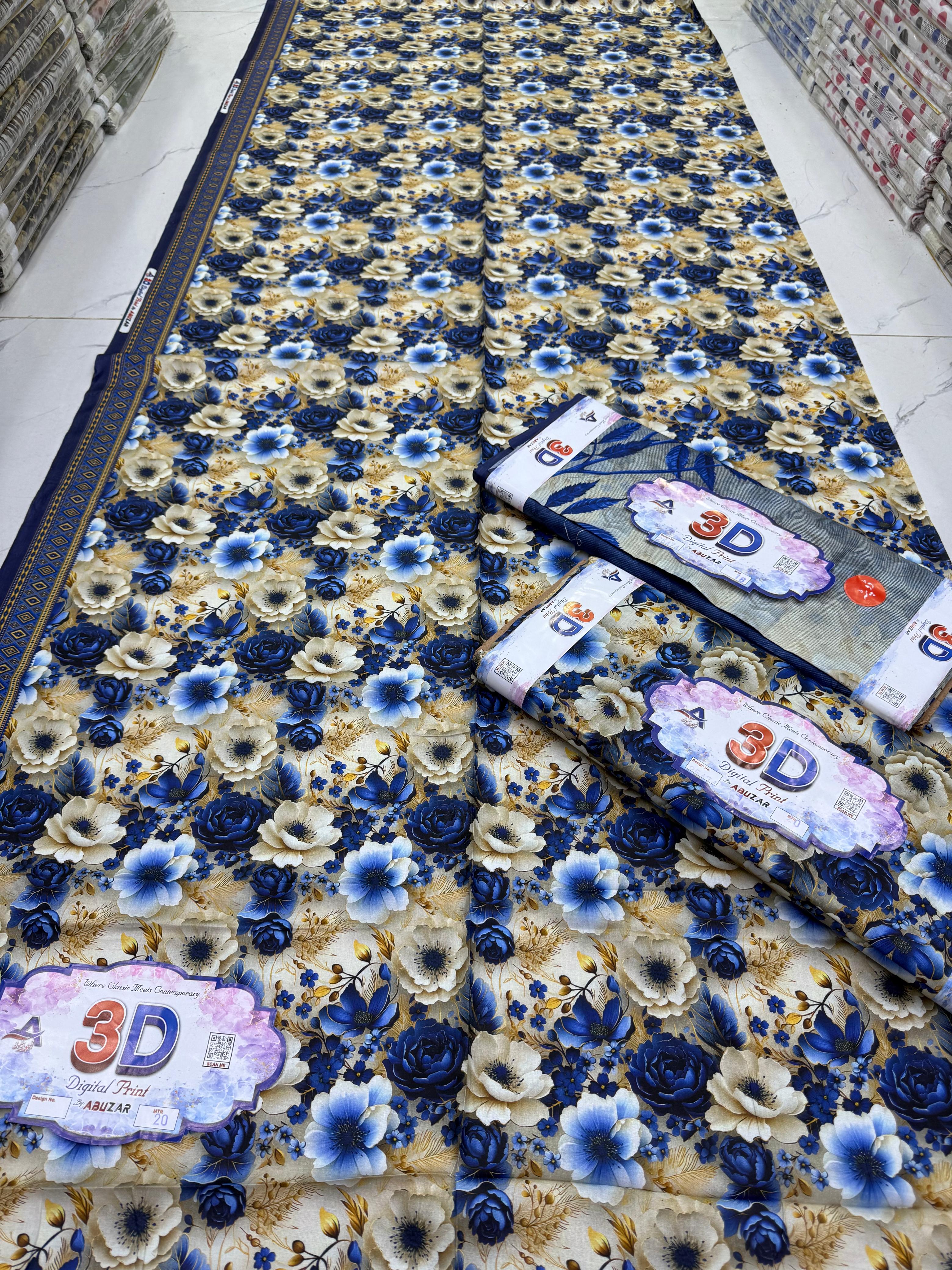 ABUZAR – 3D Digital Cotton Print 3 Piece Unstitched Suit (7.25 Meters)