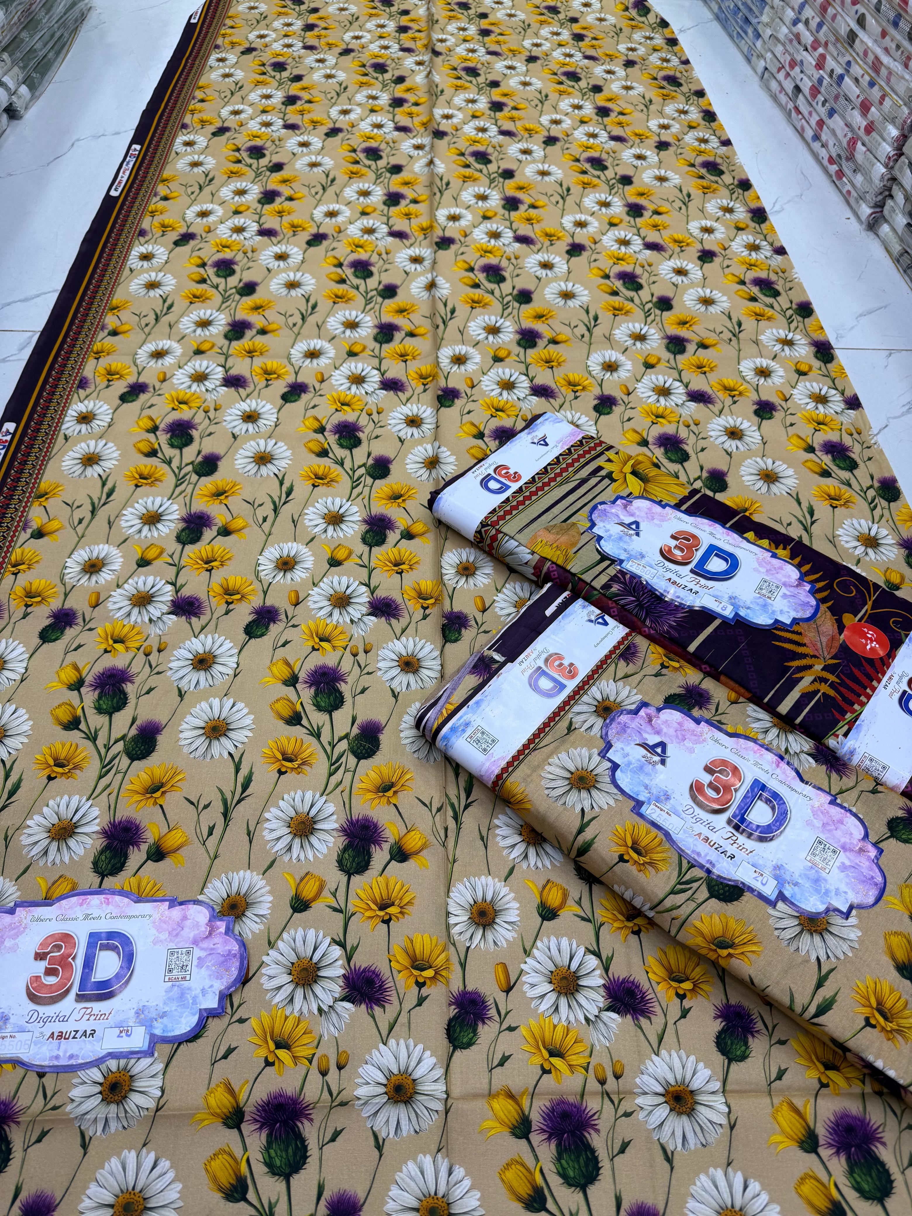 ABUZAR – 3D Digital Cotton Print 3 Piece Unstitched Suit (7.25 Meters)