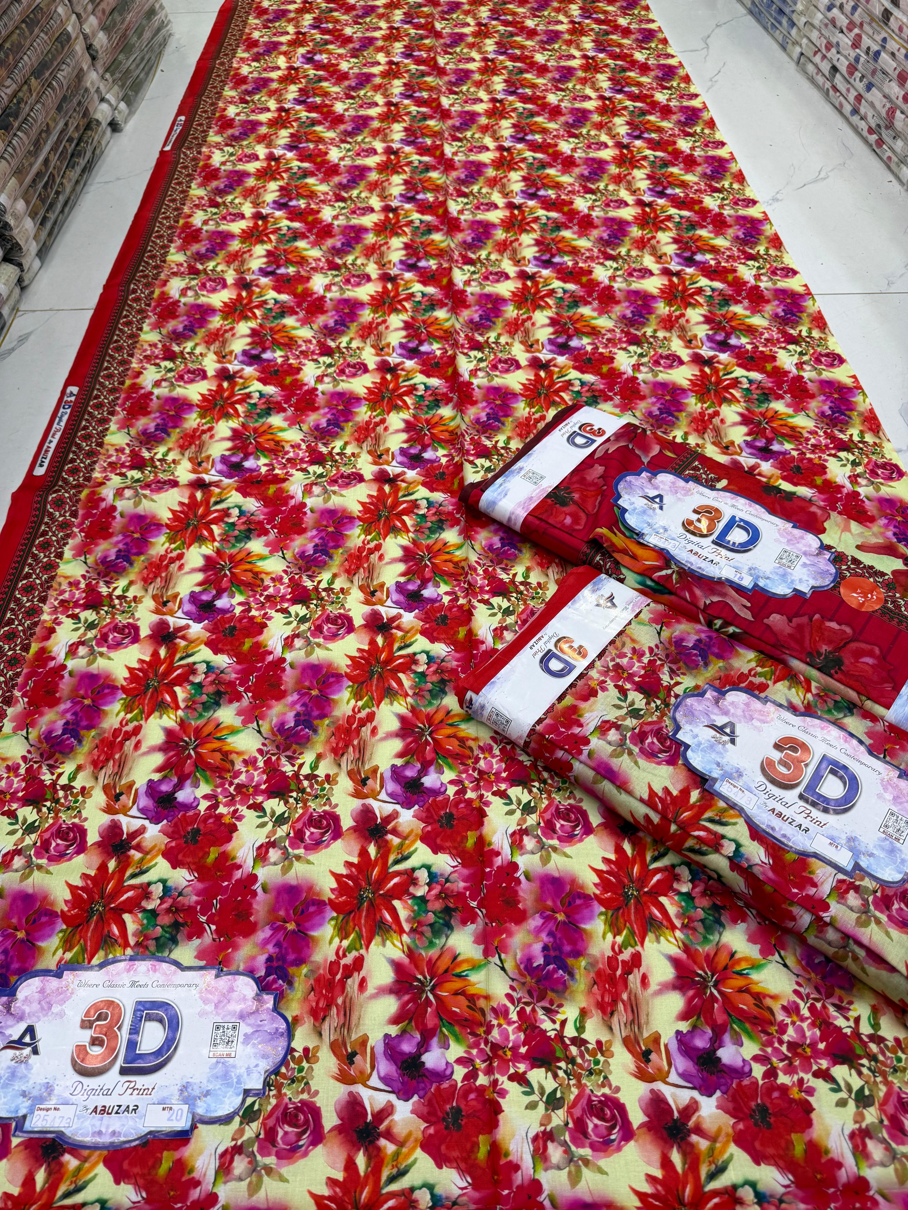 ABUZAR – 3D Digital Cotton Print 3 Piece Unstitched Suit (7.25 Meters)