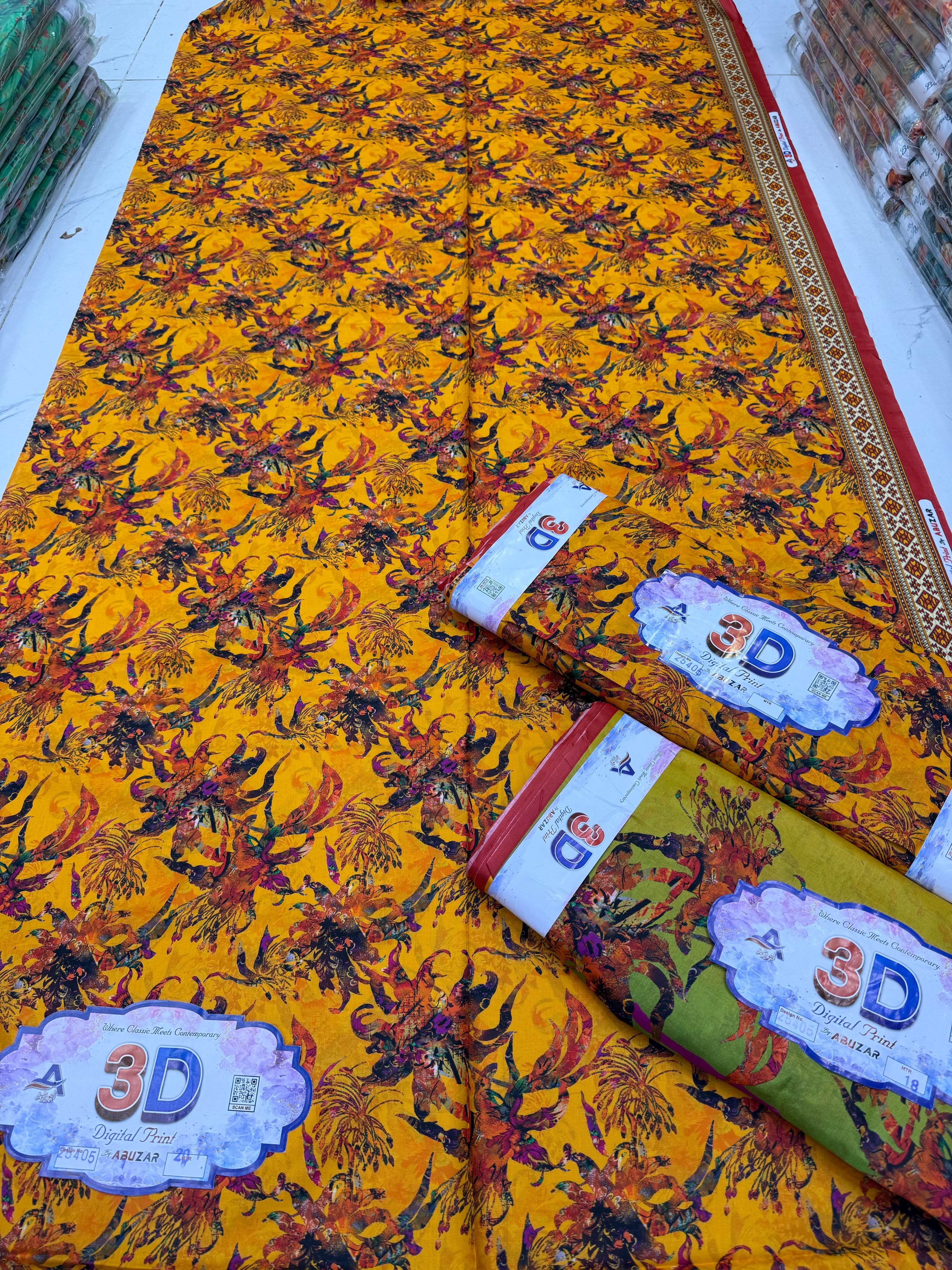 ABUZAR – 3D Digital Cotton Print 3 Piece Unstitched Suit (7.25 Meters)
