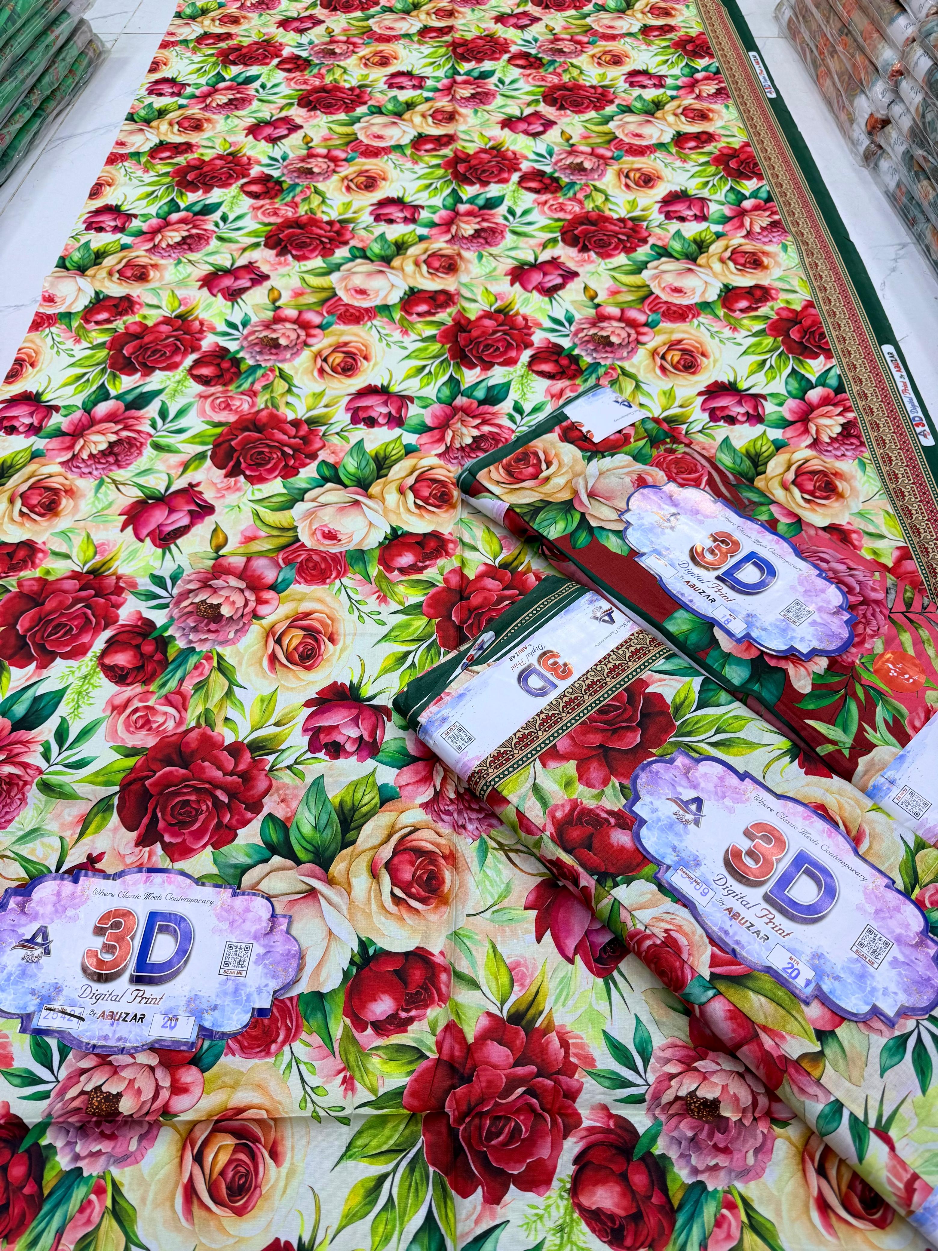 ABUZAR – 3D Digital Cotton Print 3 Piece Unstitched Suit (7.25 Meters)