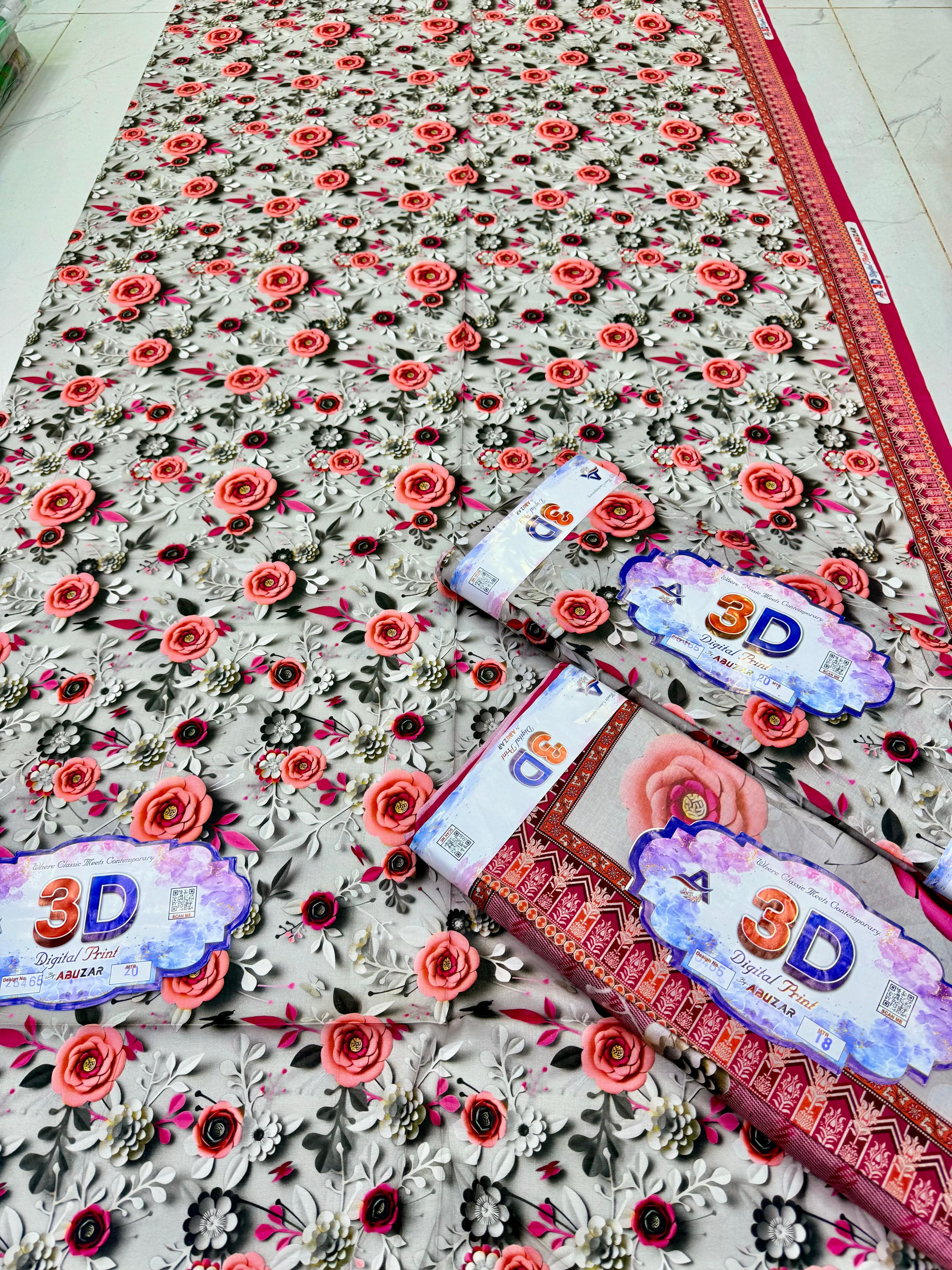 ABUZAR – 3D Digital Cotton Print 3 Piece Unstitched Suit (7.25 Meters)