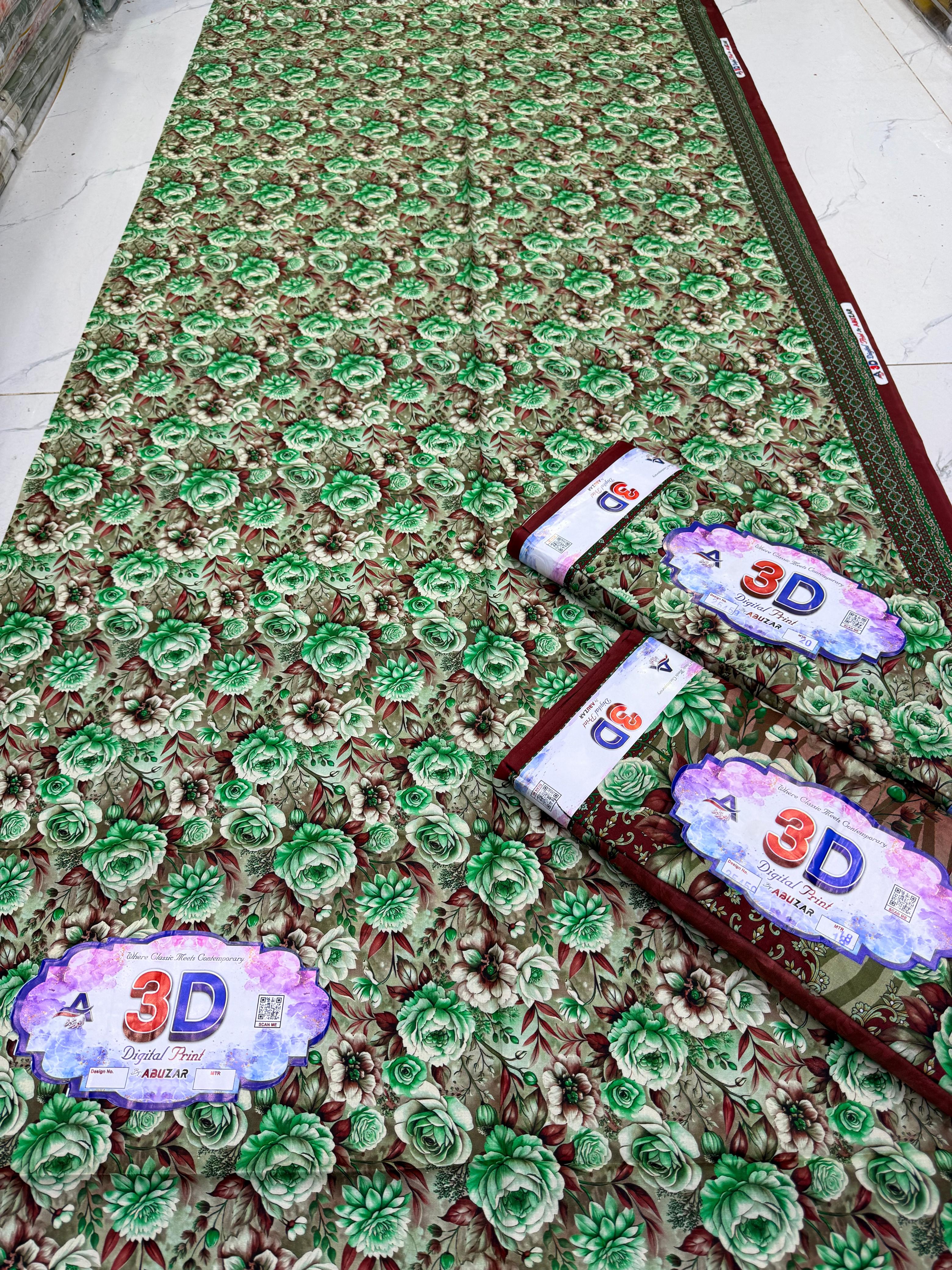 ABUZAR – 3D Digital Cotton Print 3 Piece Unstitched Suit (7.25 Meters)