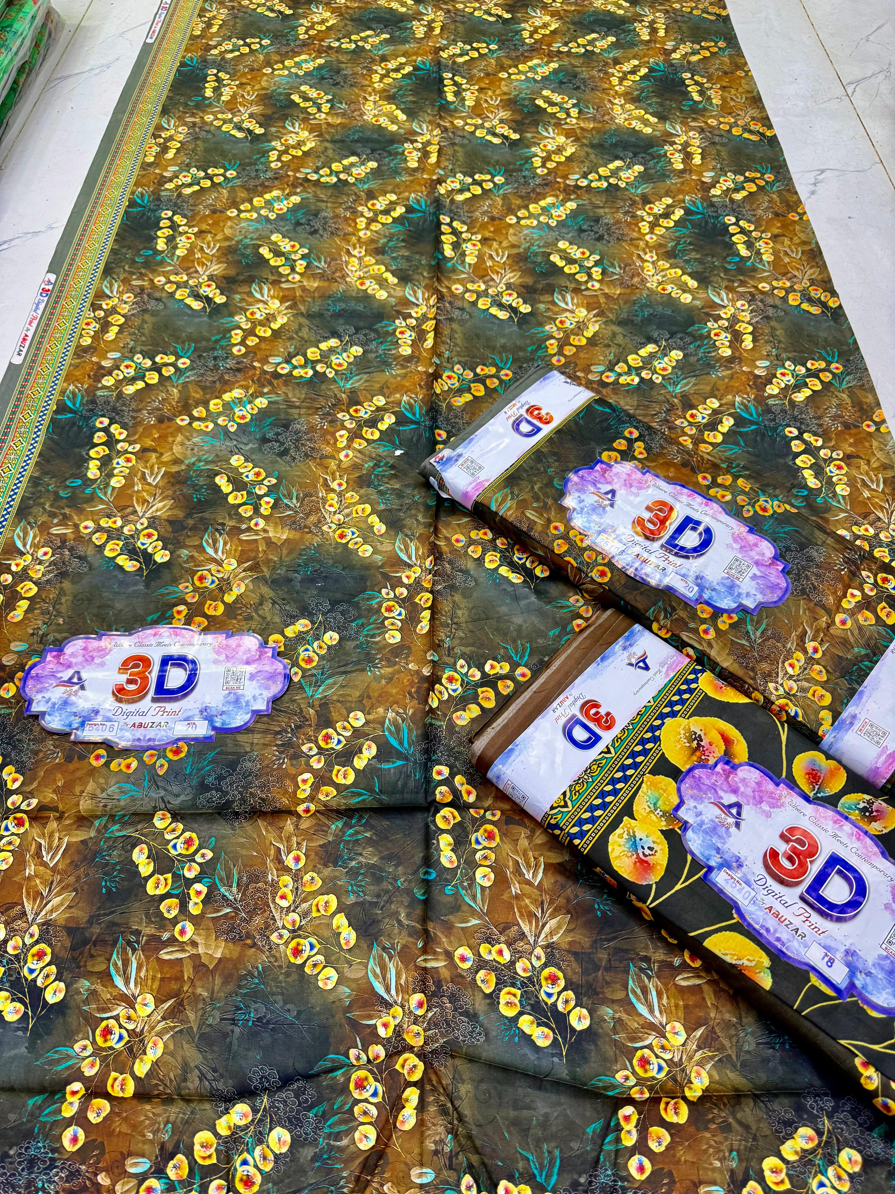 ABUZAR – 3D Digital Cotton Print 3 Piece Unstitched Suit (7.25 Meters)