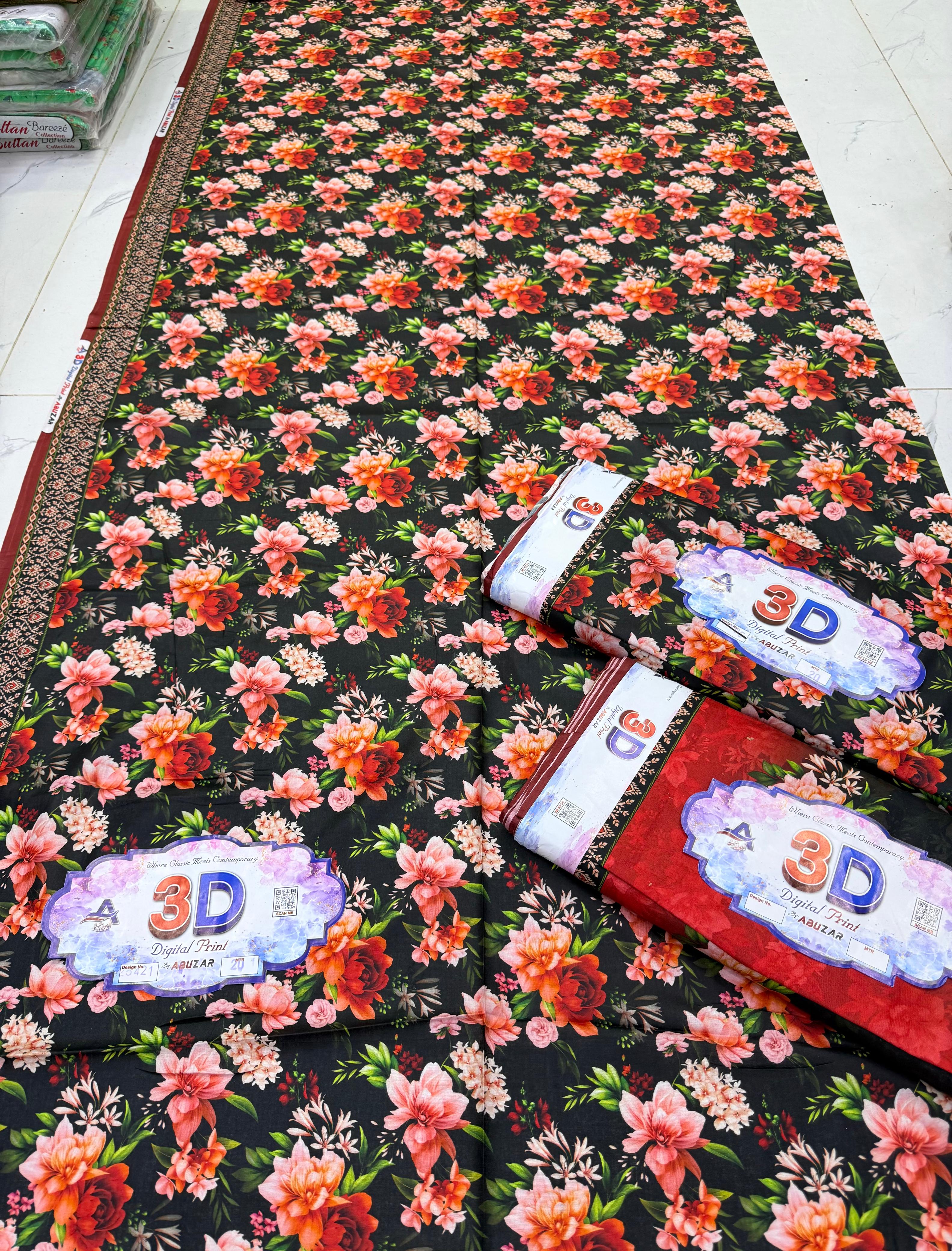 ABUZAR – 3D Digital Cotton Print 3 Piece Unstitched Suit (7.25 Meters)