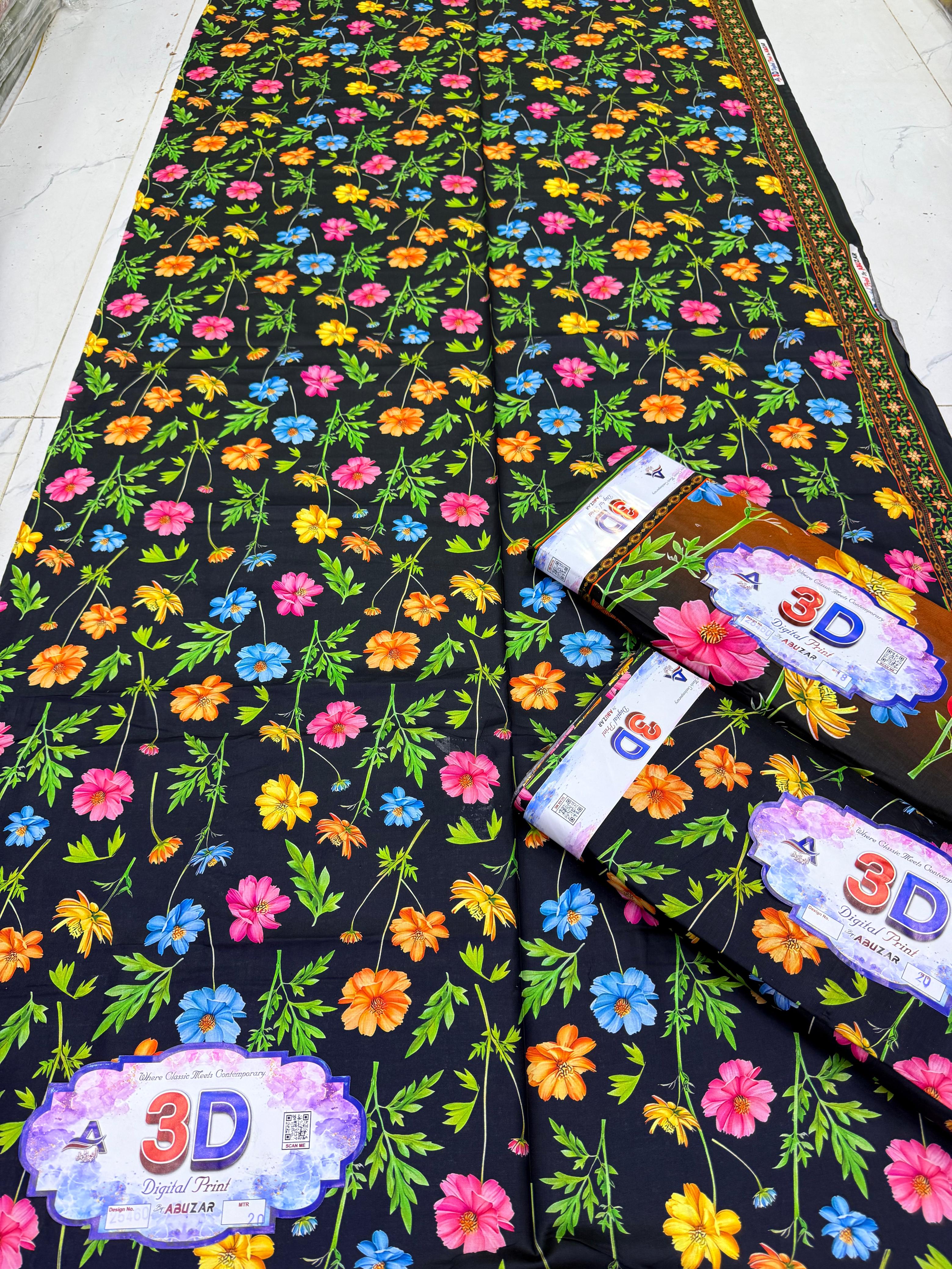 ABUZAR – 3D Digital Cotton Print 3 Piece Unstitched Suit (7.25 Meters)